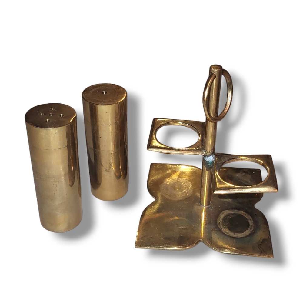Danish MCM Brass Salt and Pepper set with holder - Picture 3 of 10